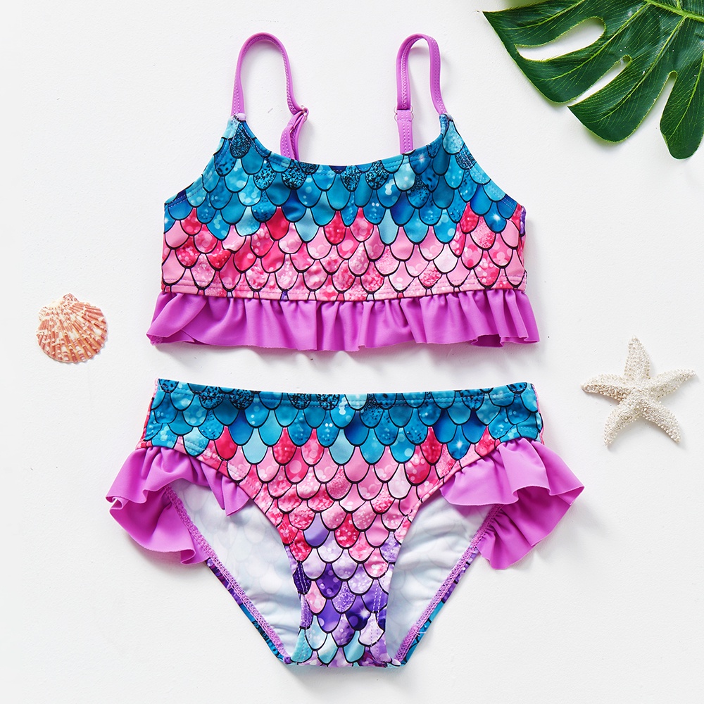 Two-piece Kids Swimwear Purple Swimsuit Mermaid Scales Ruffle Top for ...