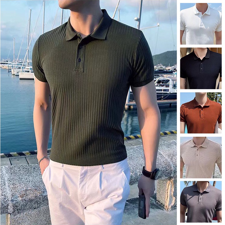 【M-3XL】Stripes Plain Slim Fit Casual Stand Collar Polo Shirts For Men ...