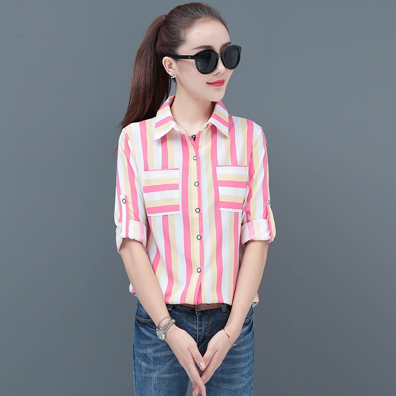 New Striped Chiffon Shirt Women's Long Sleeve Shirt Slim Fit Women's