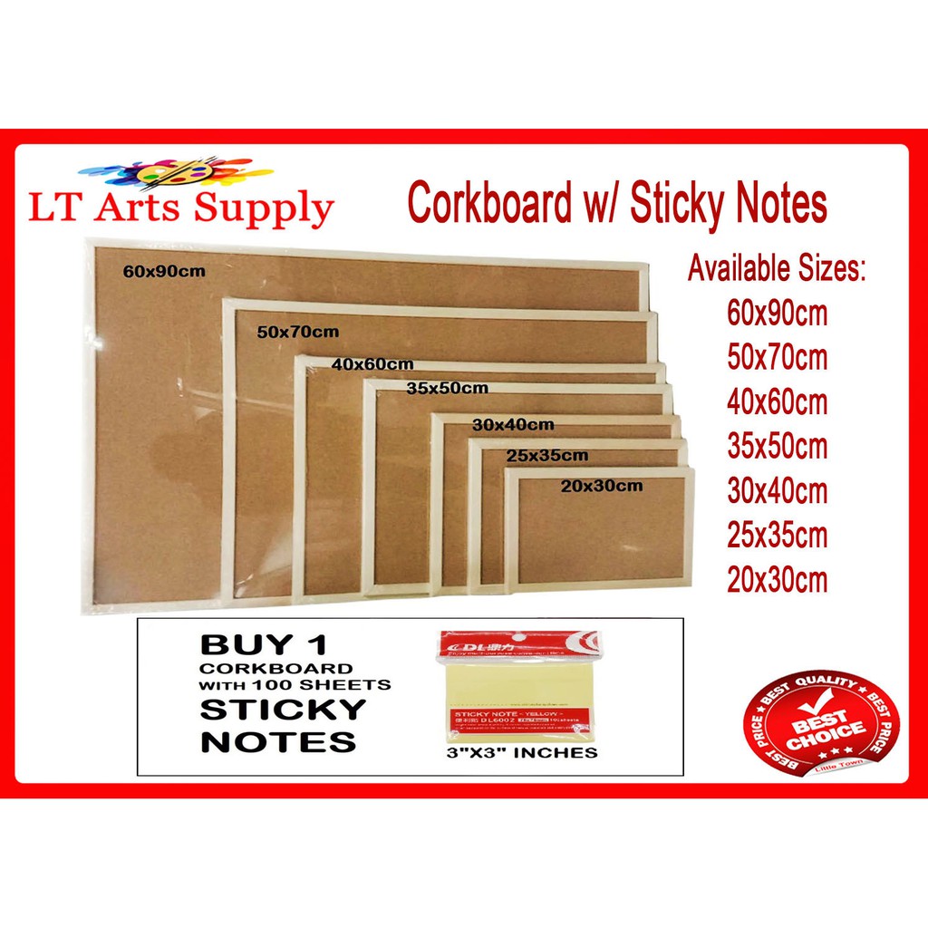 Cork Board Wooden Frame With 100 Sheets Sticky Notes 3x3 Inches