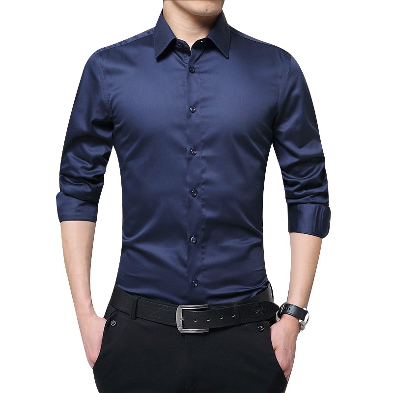 Men Long Sleeve Shirts Slim Fit Solid Business Formal Shirts for Autumn ...