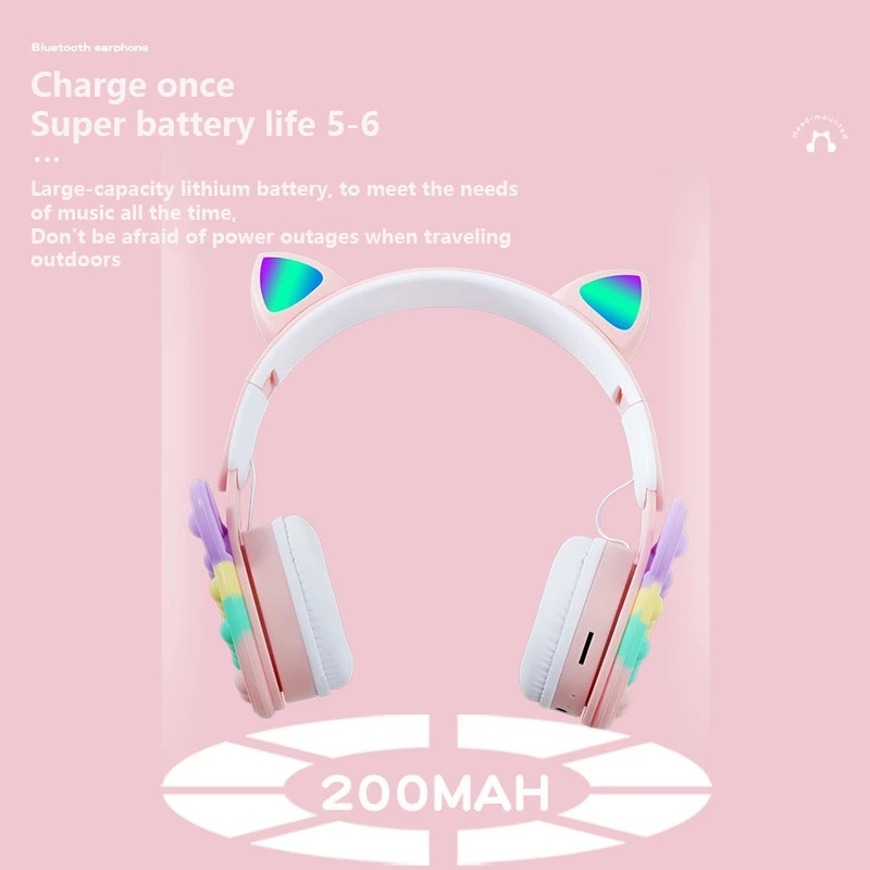 Pink Cute Cat Ear Wireless Bluetooth RGB Kids Headsets Noise Cancelling ...
