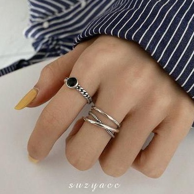Women 925 Sterling Silver Ring Vintage Black Stone Ring Adjustable Opening  Finger Ring Korean Ins Wedding Jewelry Gifts