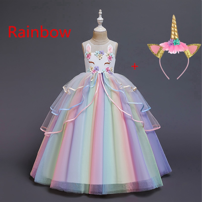 New Fashion Princess Dress Rainbow Unicorn Cosplay Girls Dress Birthday ...