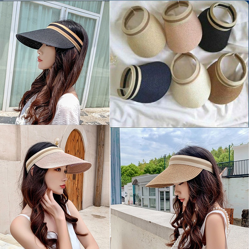 Korean Style Adult Straw Headband Hat Half Head Weave Brim Hats Open Head Sun Hat For Women Students