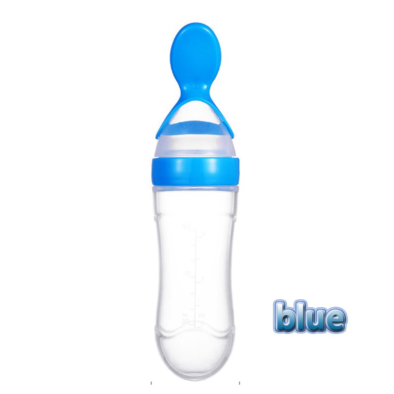 1Pc 90mL Silicone Feeding Bottle with Spoon Food Cereal Squeeze Feeder Hot Spoon Solid Feeding (Blue) main image 1
