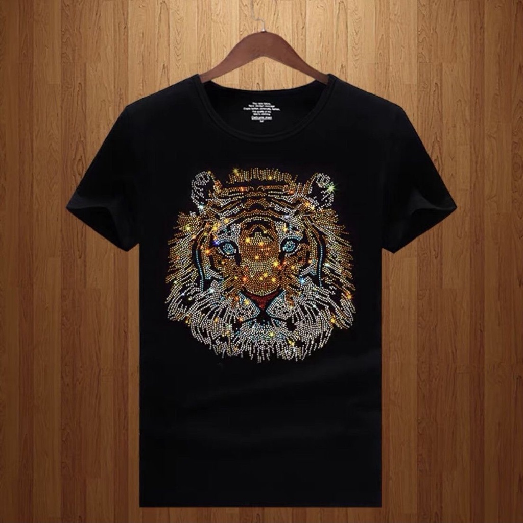 Short-Sleeved T-Shirt Summer Men Hot Rhinestone Tiger Head Trend Round ...