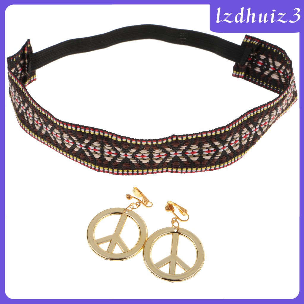 Hippie Headband with Gold Peace Sign Dangle Earrings for 60s 70s Women ...