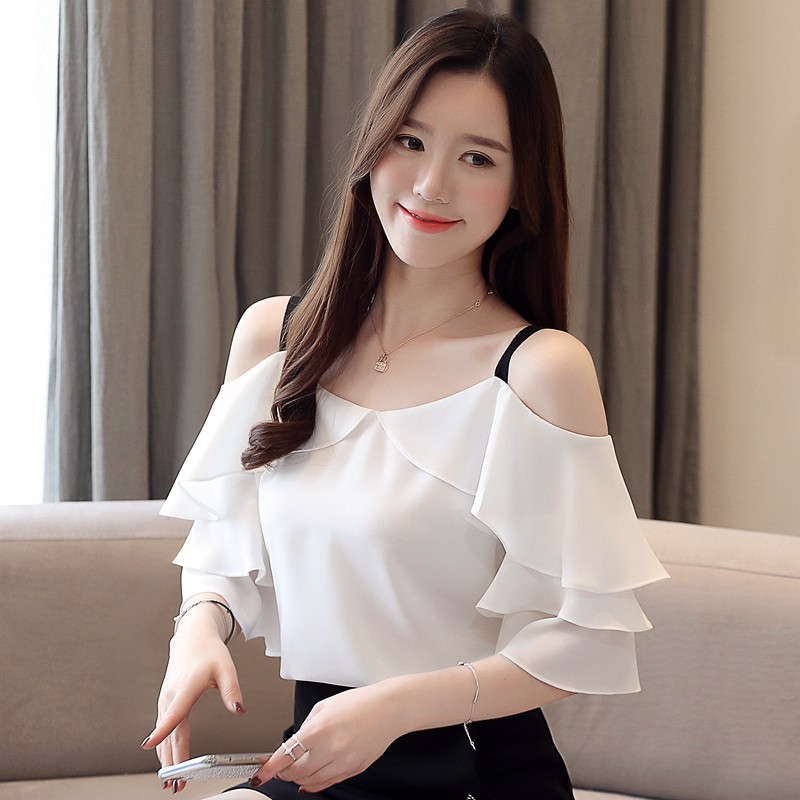 Korean Women White Elegant Ruffle Off Shoulder Tops Summer Chiffon Casual Blouses Shopee Philippines