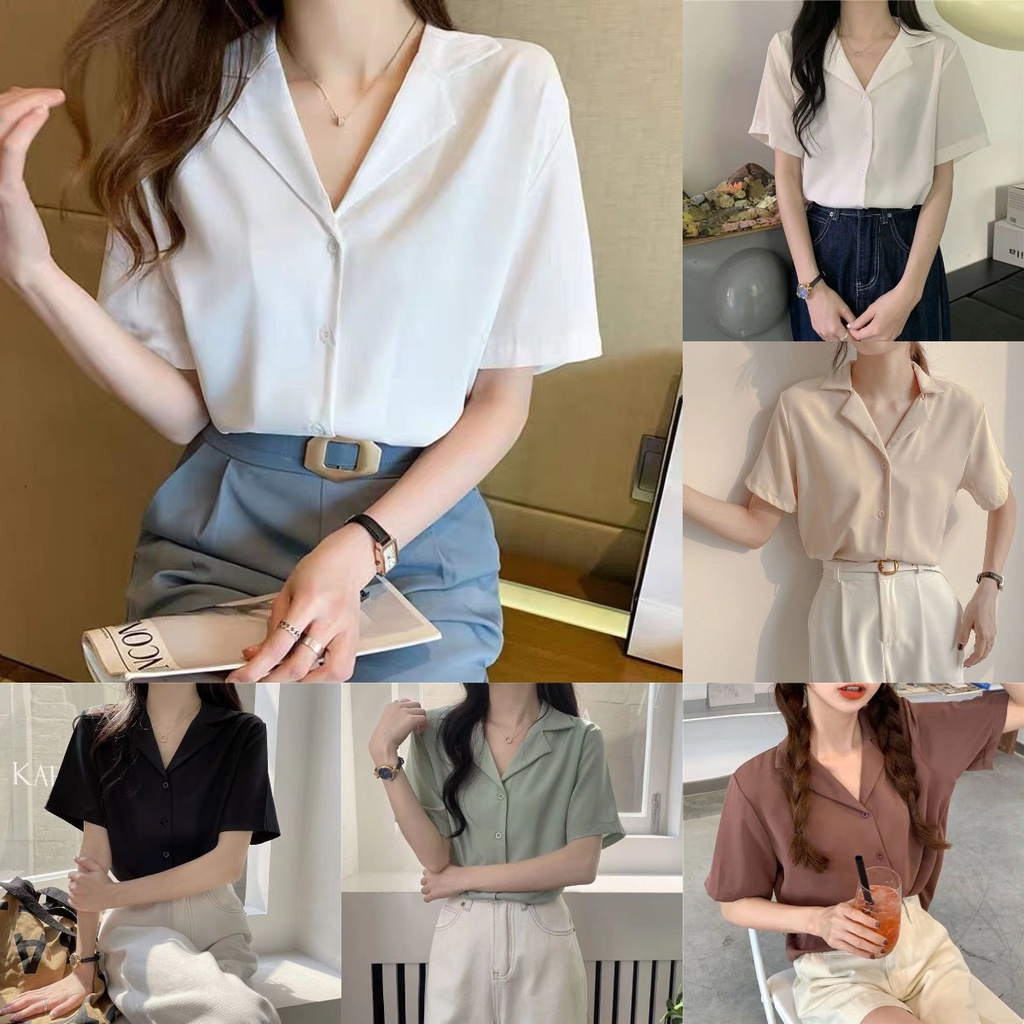 Summer delivery Vintage Turn Down Collar Blouse For Women Short Sleeve ...