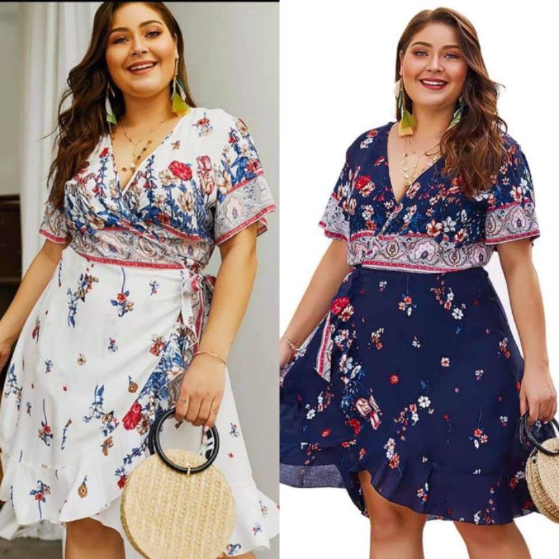 Fashionable Plus size Floral Boho Style Wrap Dress Casual Formal