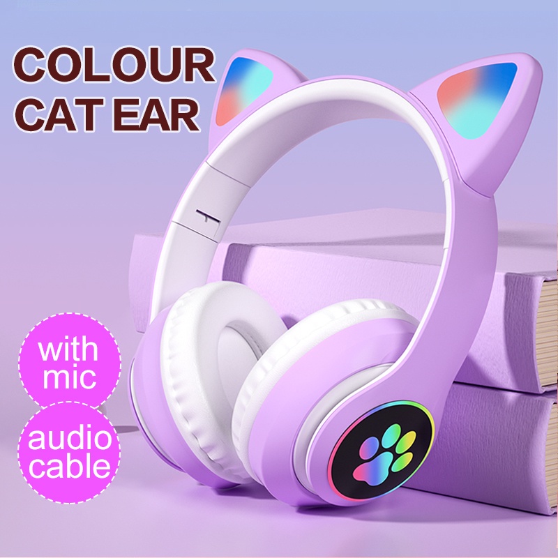 Purple Cat ear Headphone Bluetooth Wireless Headset for Girl Kids