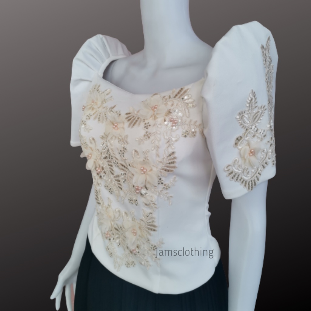 'Dahlia' Jusi Ribbon Tie-Up Modern Filipiniana Blouse (Taupe)