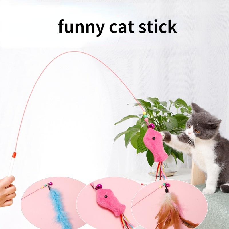 Feather tease cat stick interactive play molar toy metal boom wire rod ...