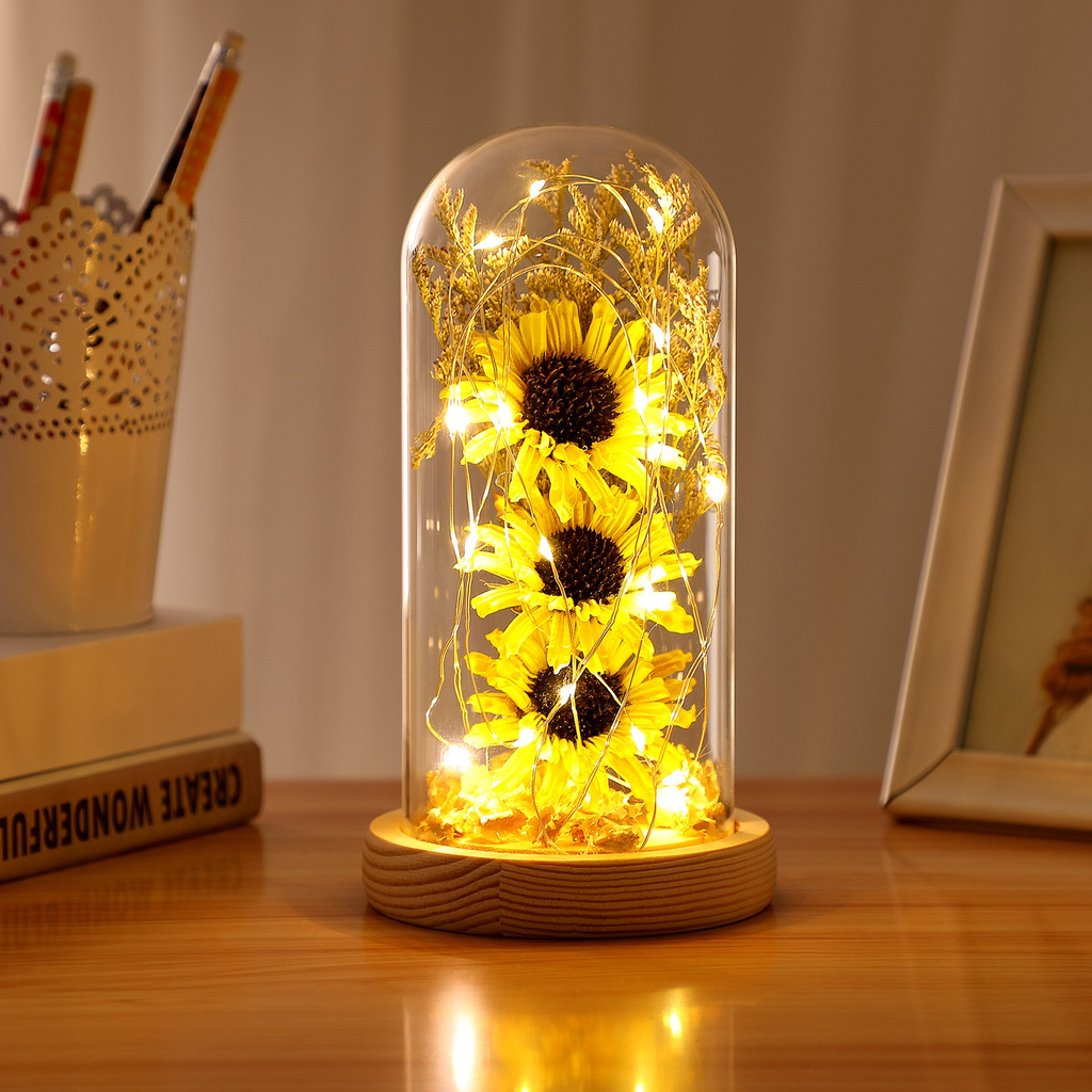 Sunflower led light In A Glass Dome On A Wooden Base For Valentine's ...