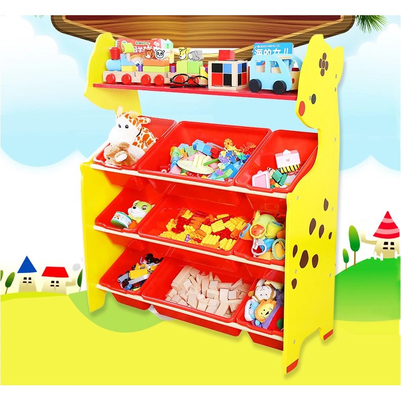 Wooden Giraffe 4Tier Kid Toy Rack Storage Shelf Organizer 9Bin