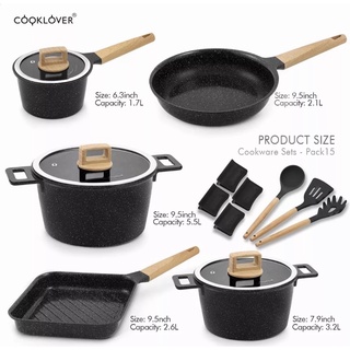 15PCS COOKLOVER GREY SQUARE MARBLE NONSTICK QUALITY COOKWARE SET.