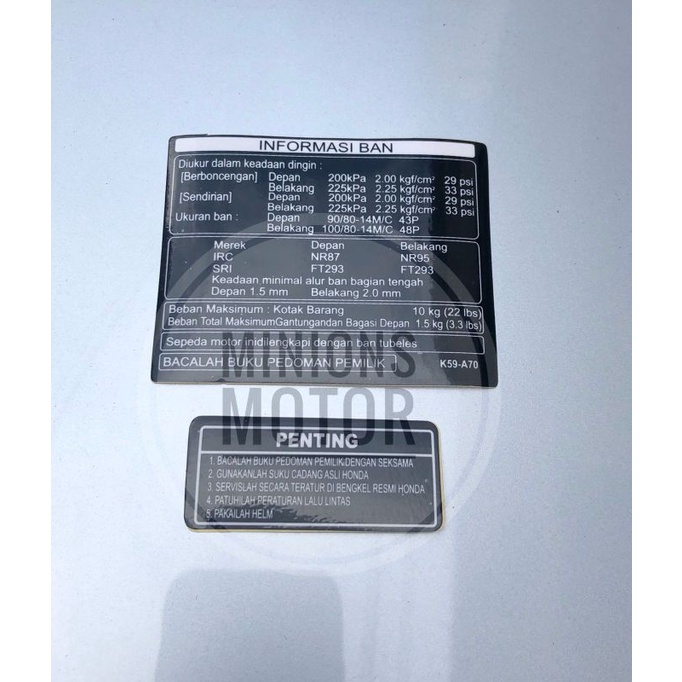 Honda motorbike tire information important warning sticker | Shopee ...