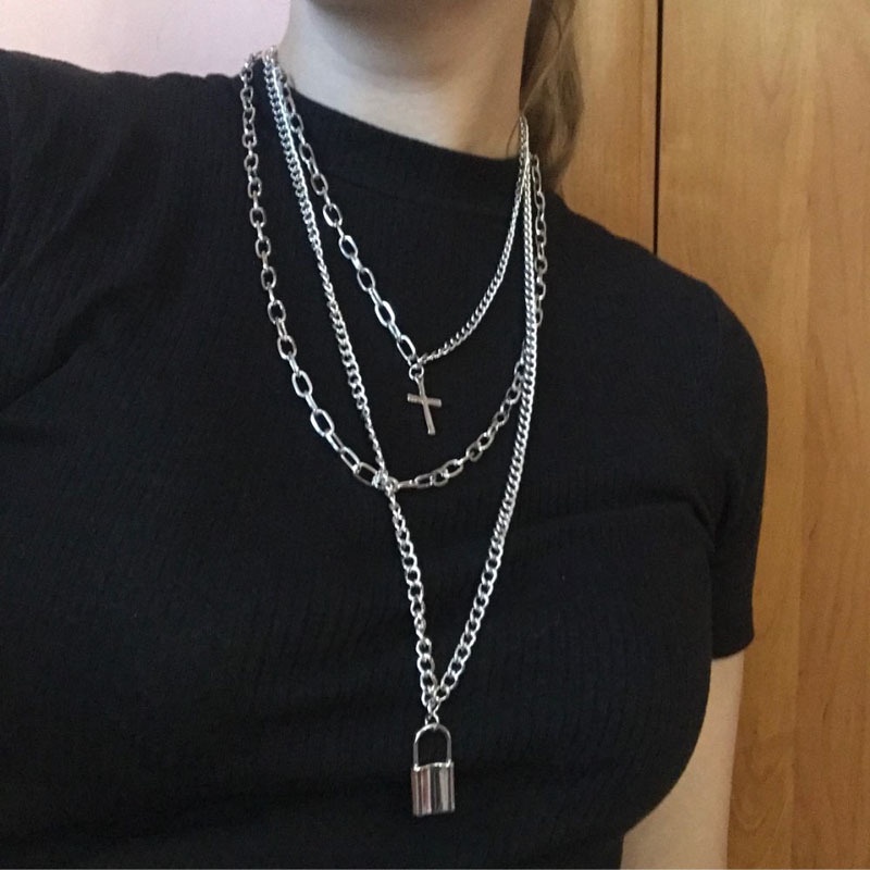 Lock Metal Pendant Necklace Gothic Multilayer Punk Unisex Choker Collar Pendant Alloy Chain T 6160