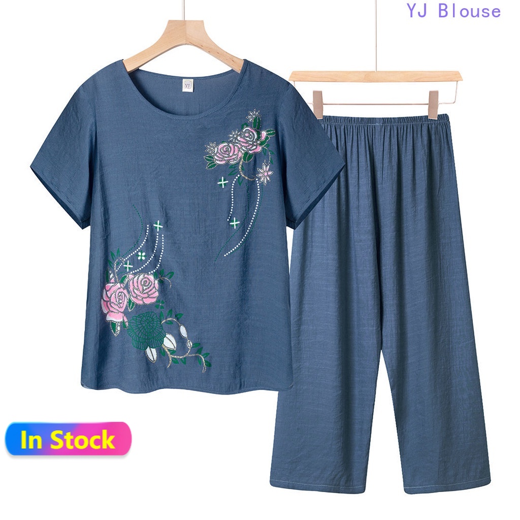 【Set】Plus Size Suits Women's Summer Cotton and Linen Printed Short ...
