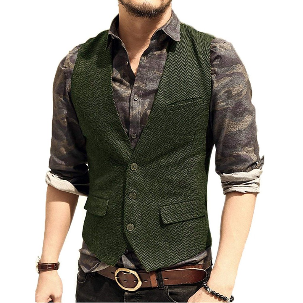 Army Green Mans Suit Vest Waistcoat V Neck Wool Herringbone Tweed 