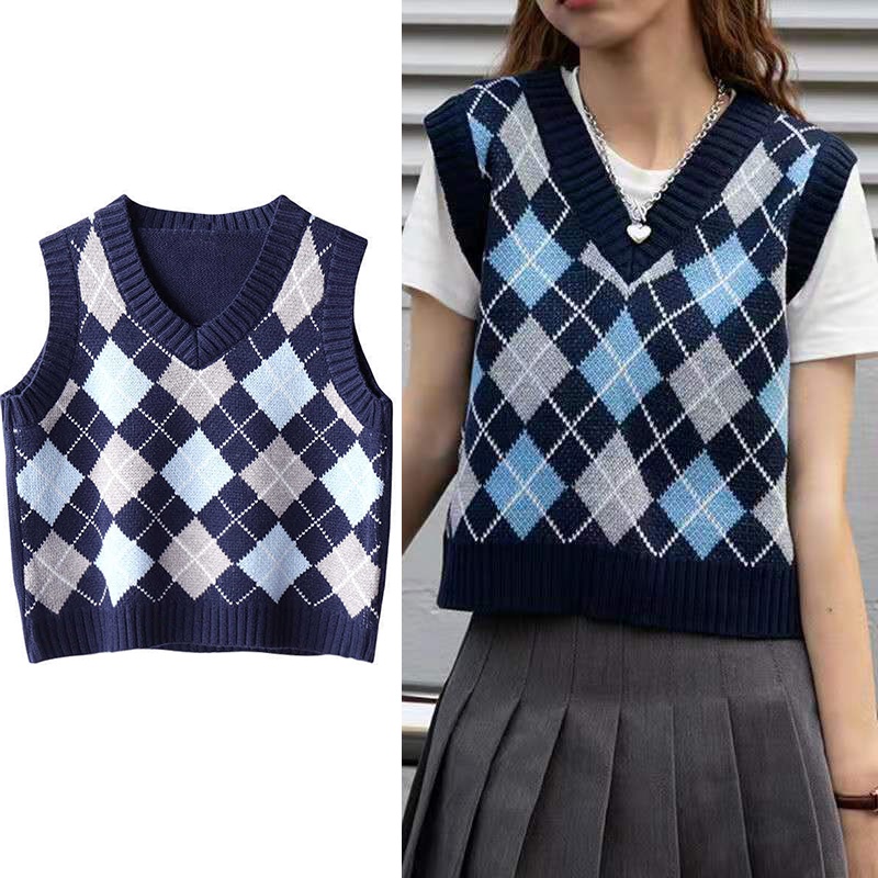 Women Knitted Vest Tank Top Sweater Waistcoat Sleeveless V-neck Geometric
