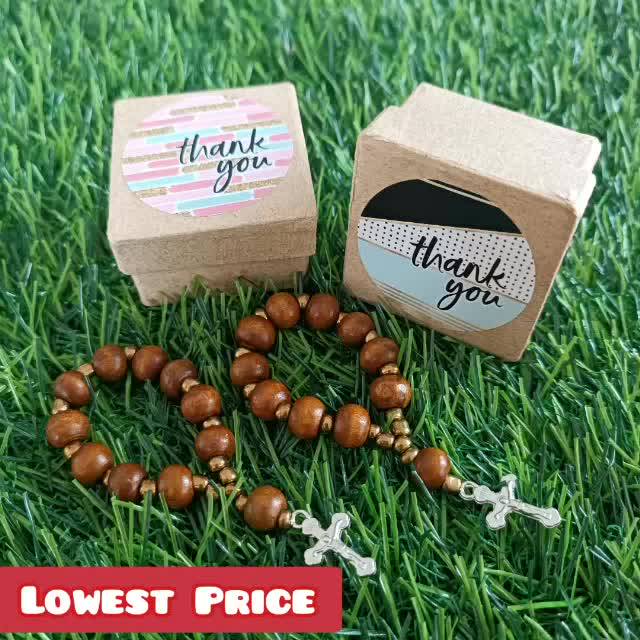 (SET OF 30PCS) Wooden rosary with box and thank you label for giveaways ...