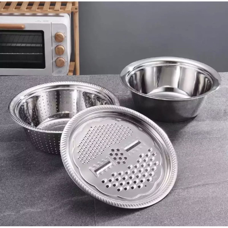3in1 30cm/28cm Stainless Steel Colander Strainer Mixing Bowl Grater Set Washing Bowl Vegetables