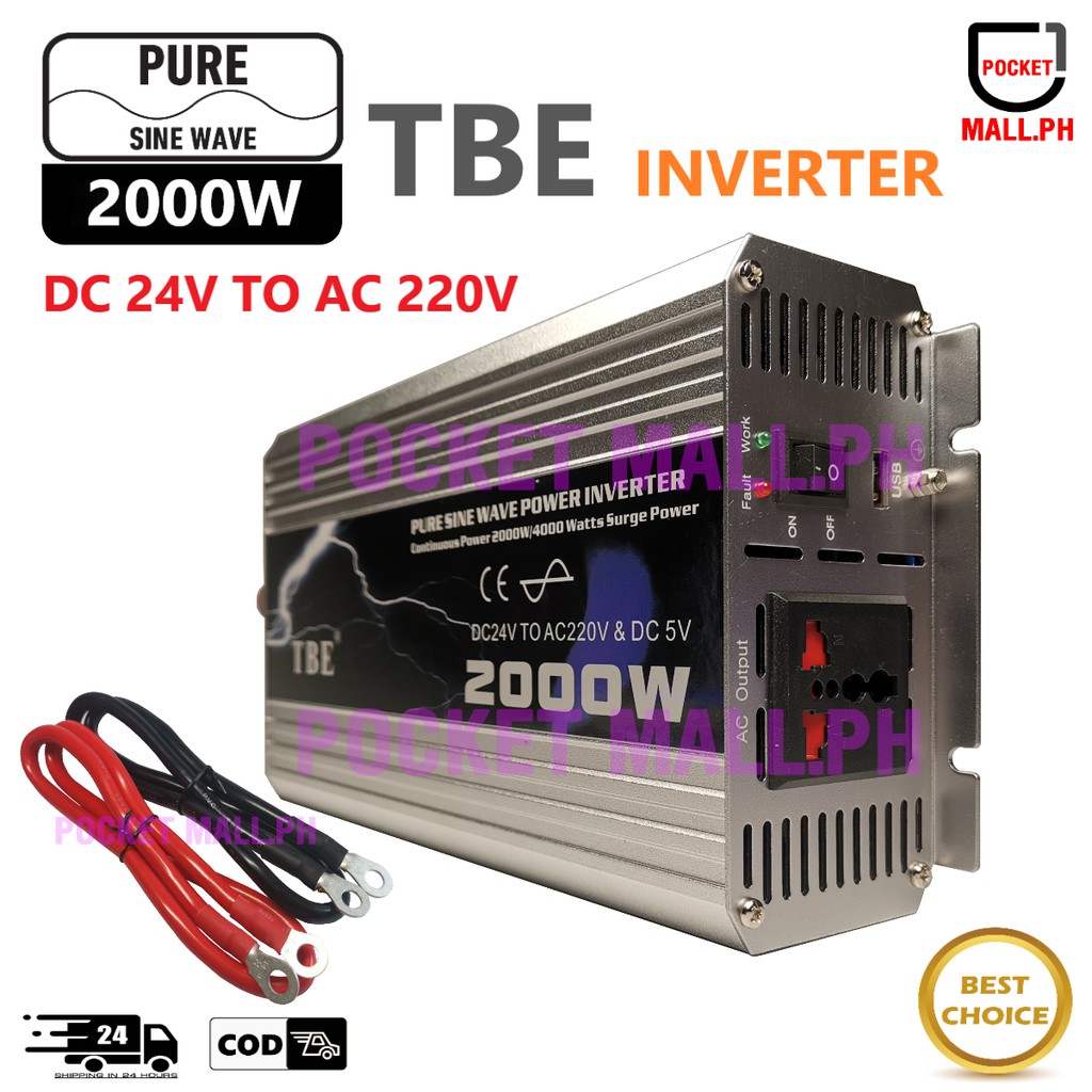 TBE 2000W Pure Sine Wave Power Inverter DC 24V to AC 220V and DC5V W ...
