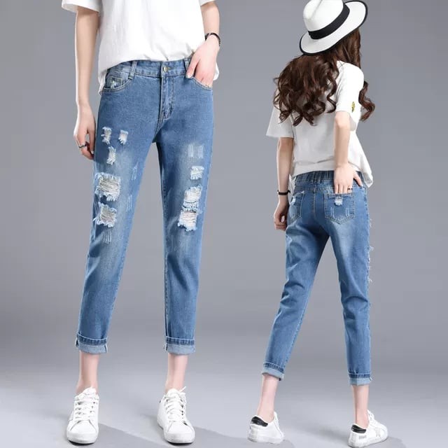 High Waist Boyfriend Denim Tattered Mom Jeans Garterized Back Style For  Women