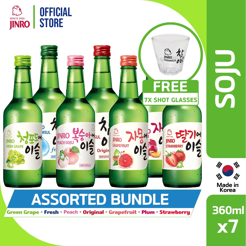 Jinro Assorted Flavors Soju 360 Ml Pack Of 7 FREE 7 Shot Glasses ...