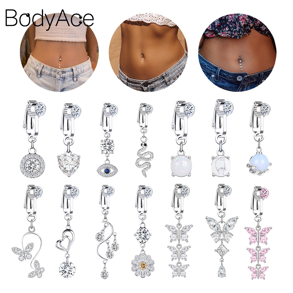 Bodyace 1 Set Butterfly Flower Belly Button Clips Cz Crystal Navel ...