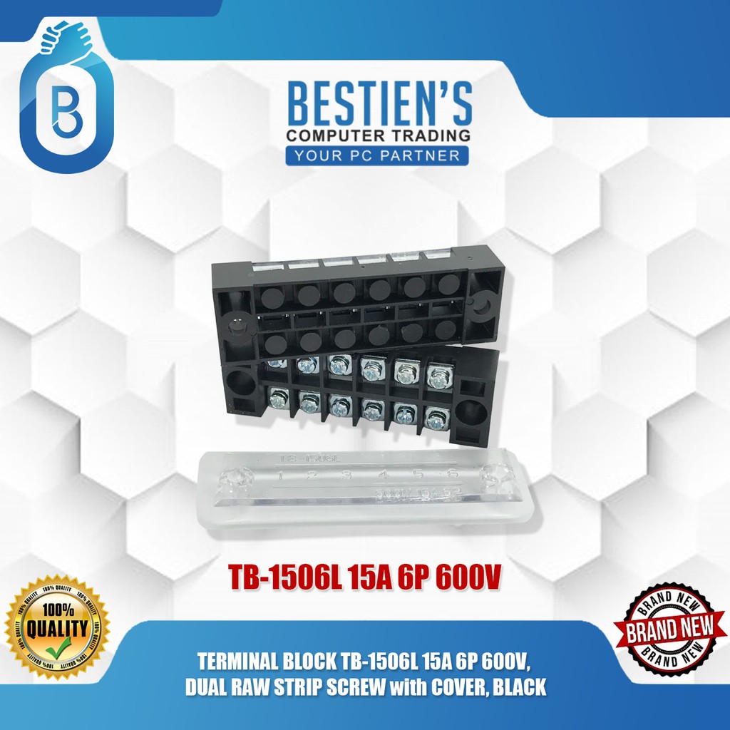 TERMINAL BLOCK TB-1506L 15A 6P 600V, DUAL RAW STRIP SCREW with COVER ...