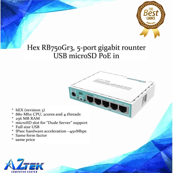 MIKROTEK HEX -- RB750GR3 5PORTS GIGABIT ROUTER USB MICROSD POE IN ...