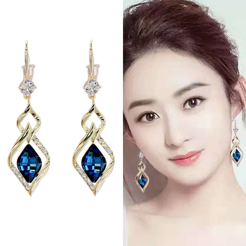 Blue Crystal Earrings Female Summer Niche Highend Geometric Diamond