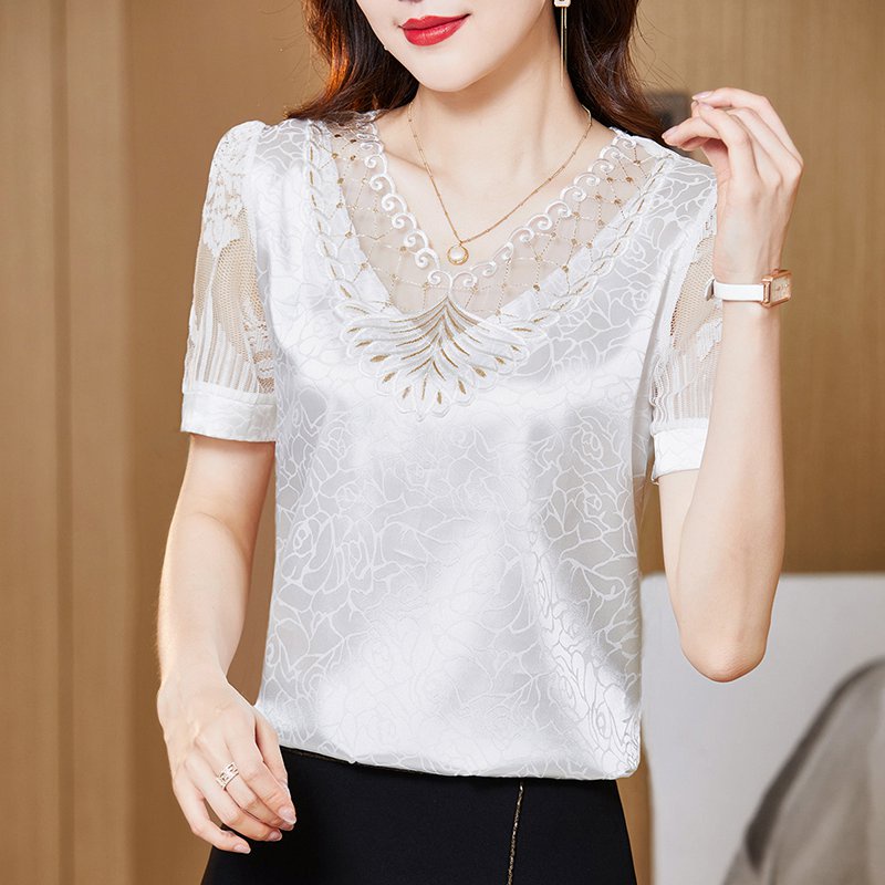 Stretch Jacquard Satin Blouses Women Fashion Lace Stitching Tops Newest ...