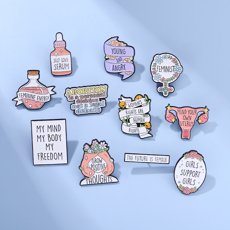 Creative Feminism Enamel Pins Cute Pink Inspirational Banner Bottle