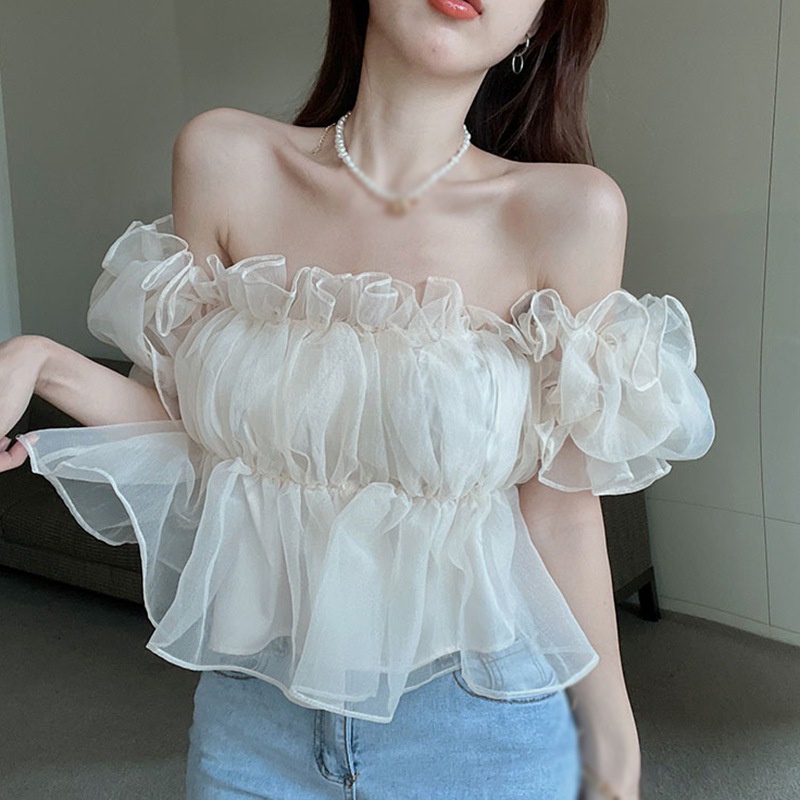 Womens Lace Croptop Sweet Shirts Puff Sleeves Blouses Off Shoulder Tops Shopee Philippines