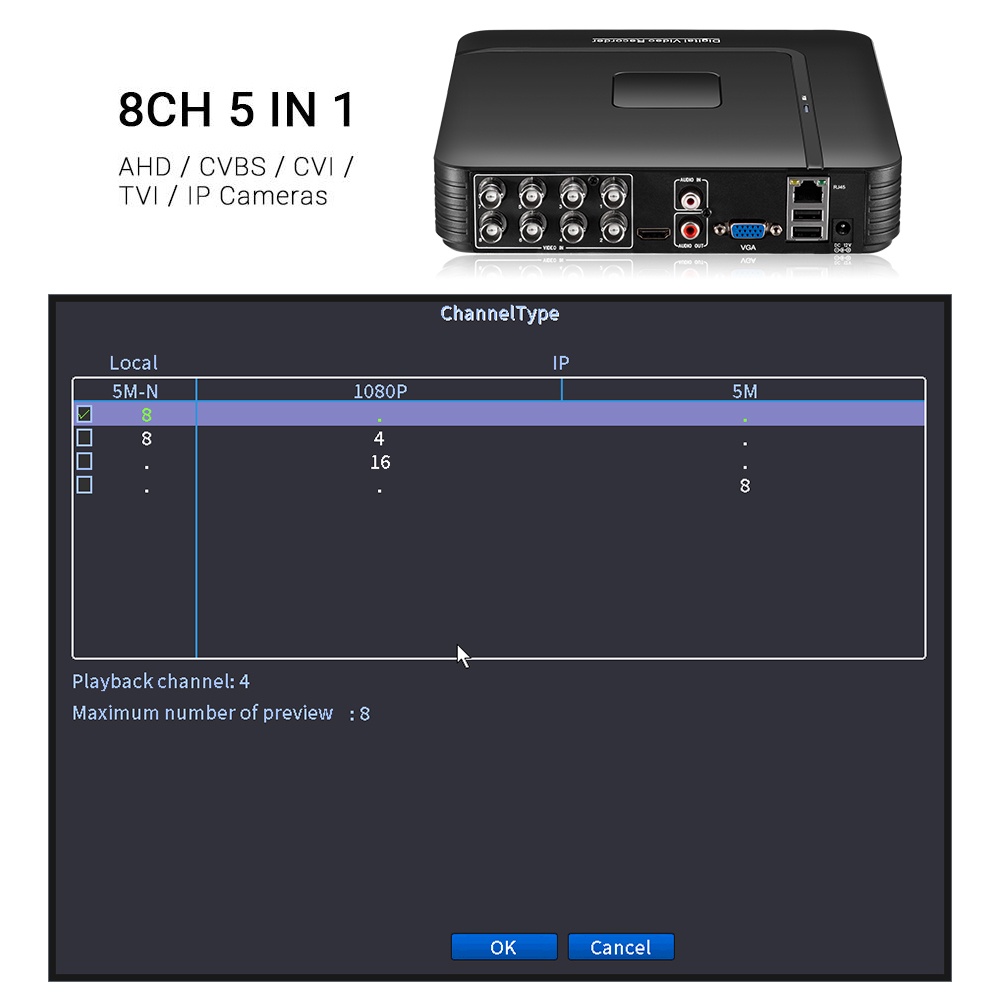 Hamrol 8CH 5M-N HVR H.265 Hybrid Video Recorder Support AHD/TVI/CVI ...