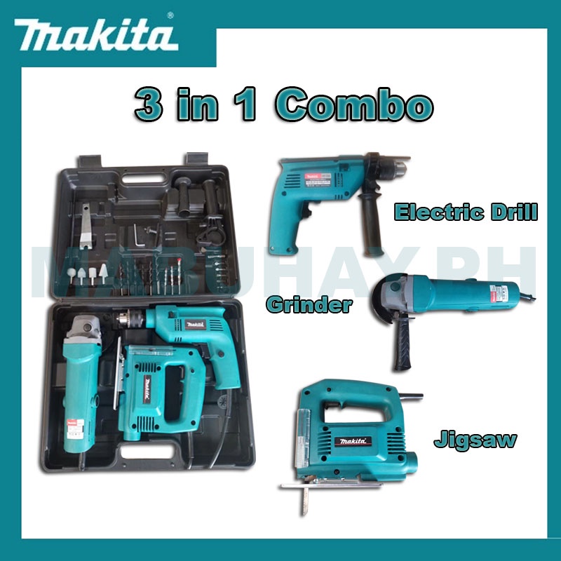 Makita 3 in 1 Angle Grinder and Impact Drill and JigSaw Set With Hardcase