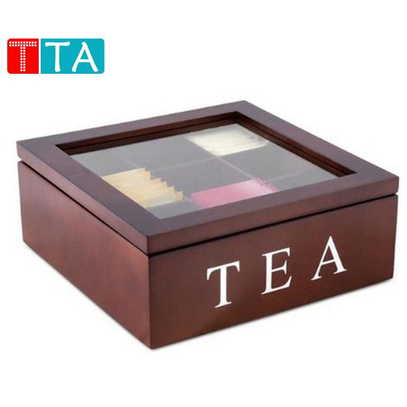 Wooden 9 Grids Tea Bags Container Square Gift Case Transparent Top Lid ...