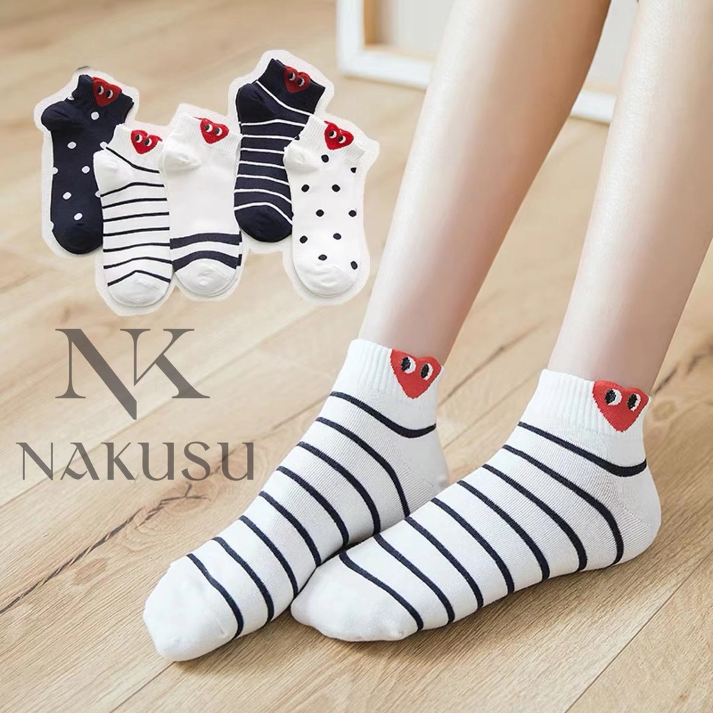 Nakusu 5pairsset Japanese Fashion Stripe Heart Womens Socks Summer Casual Cotton Short Socks 2077