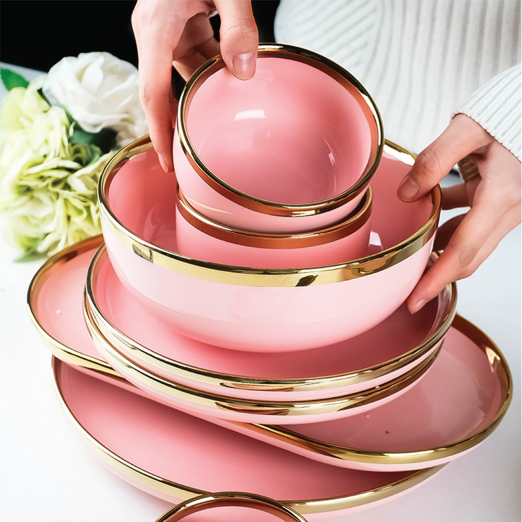 11 luxury gold rims ceramic plates set (pink) | Shopee Philippines