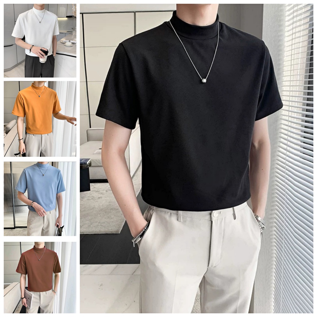 HUILISHI Korean small stand-up collar summer cotton plain color T-shirt ...