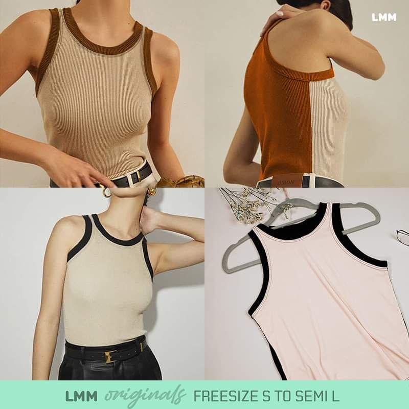 two tone contrast trim classic design halter racer back sleeveless tank