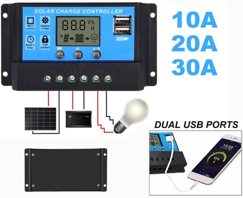 10A 20A 30A PWM Solar Charge Controller 12V/24V Battery Regulator Solar ...