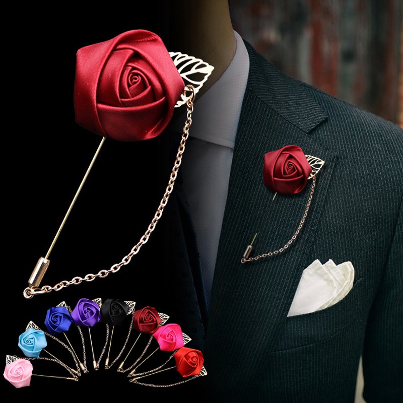 Men Suit Lapel Flower Brooch Pin Rose for Wedding Boutonniere Stick For