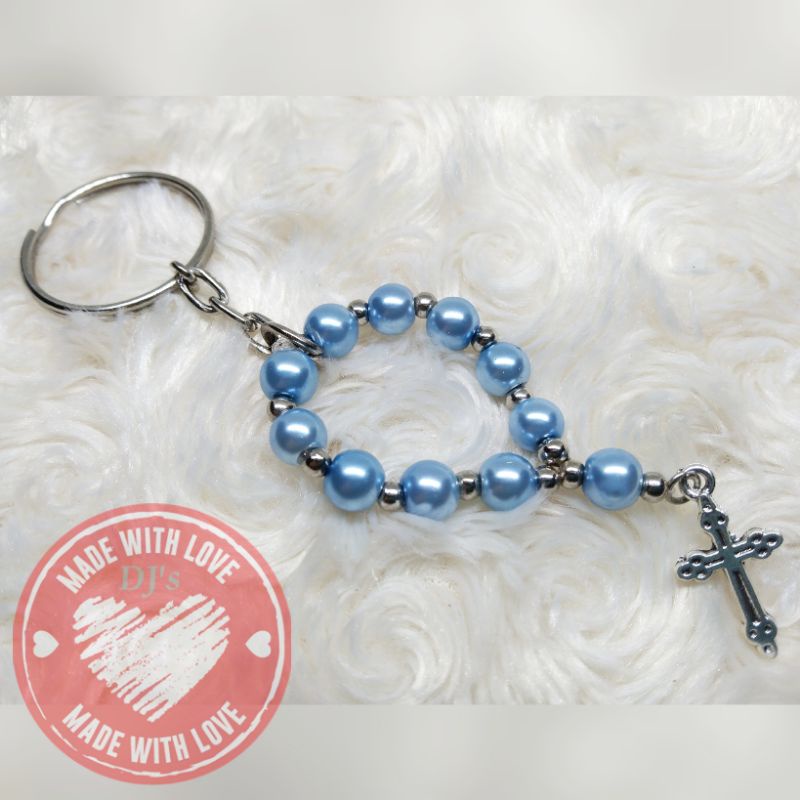 Keychain Mini Rosary Light Blue Pearl Souvenirs / Baptismal Birthday