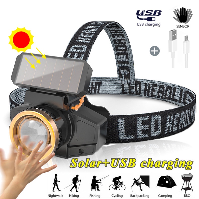 Solar Headlamp USB Rechargeable LED Headlight with Sensor Waterproof ...