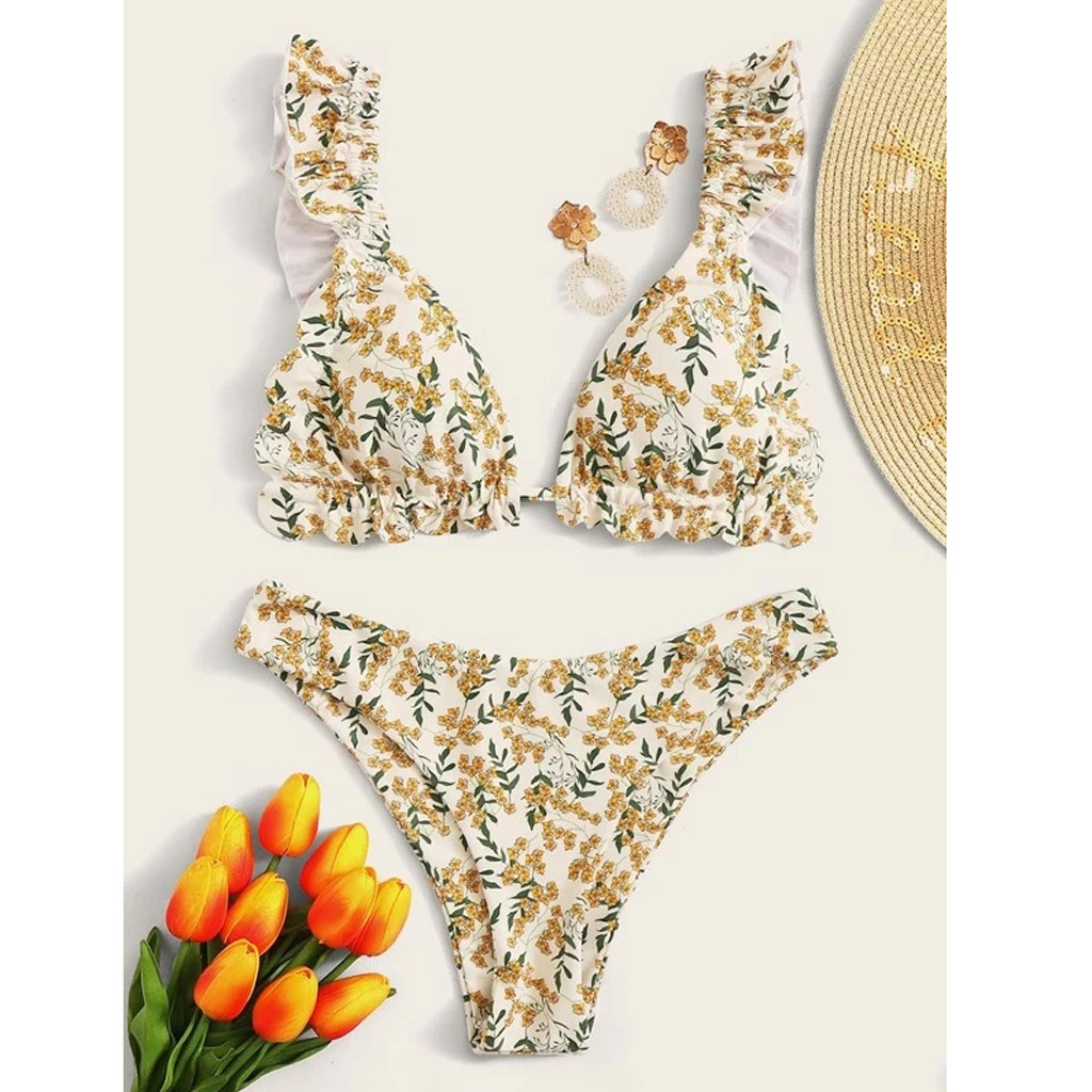 Womens Summer Sexy Floral Print Ruffle High Cut Bikini Set Two Piece Swimsuit Shopee Philippines 3391